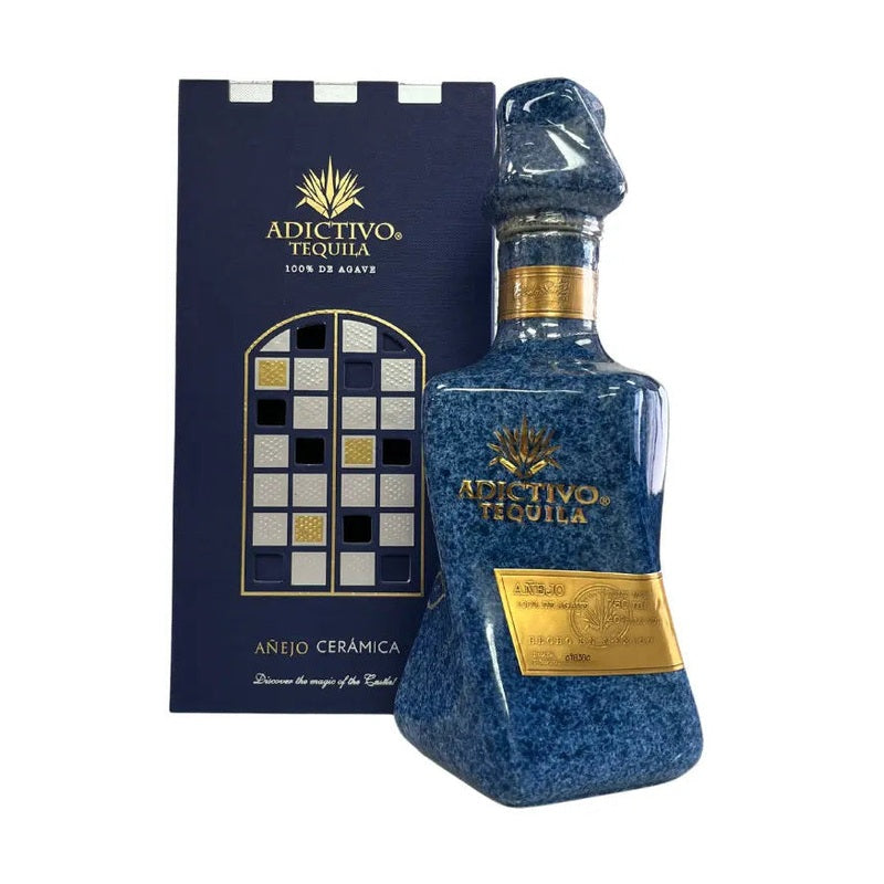 Adictivo Ceramic Blue Añejo Tequila bottle and presentation box
