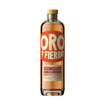 Brucato Oro y Fierro Kumquat Chili Liqueur 700 mL bottle on white