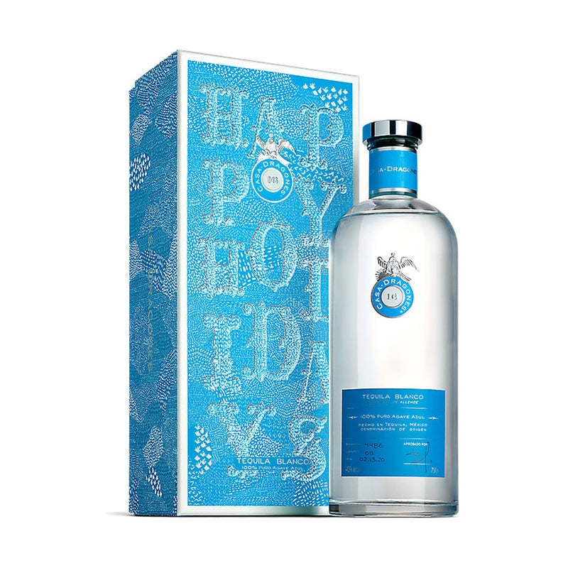 Casa Dragones Blanco Tequila 750ml bottle with blue holiday gift box
