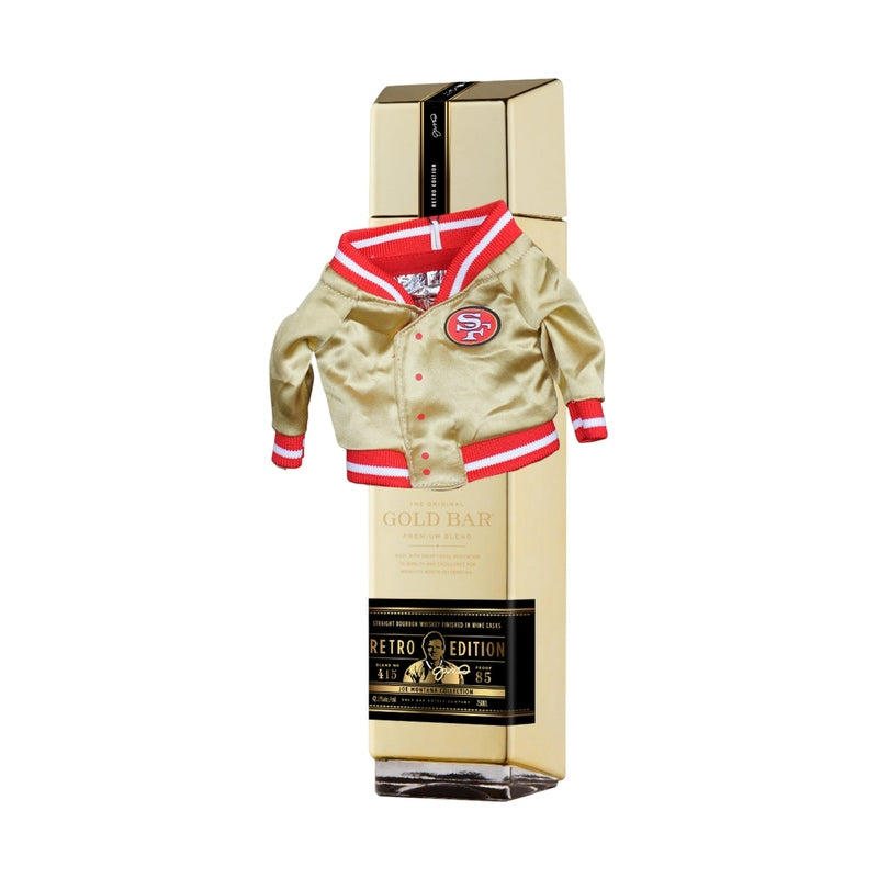 Gold Bar Whiskey Retro Edition Joe Montana Collection 750ml bottle with 49ers Gold Jacket can koozie