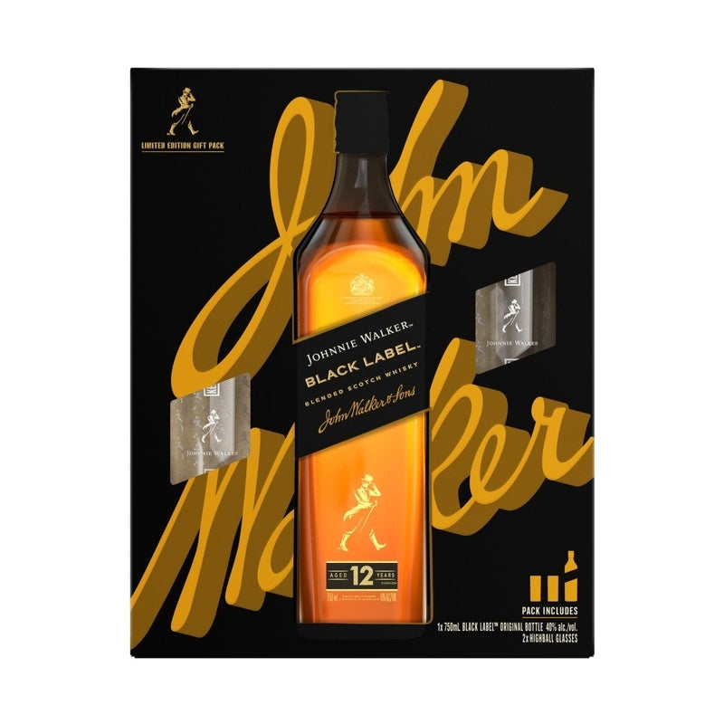 Johnnie Walker Black Label 12 Year Old Blended Scotch Whisky with 2 Highball Glasses