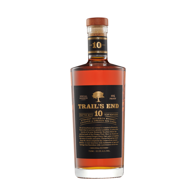 Trail's End 10 Year Kentucky bourbon 750 mL, 105 proof bottle on white