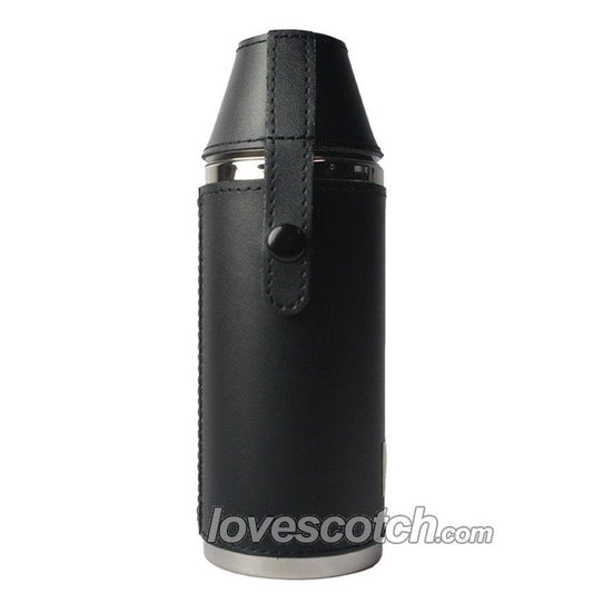 Black Leather Stainless Steel Flask with Cups - LoveScotch.com