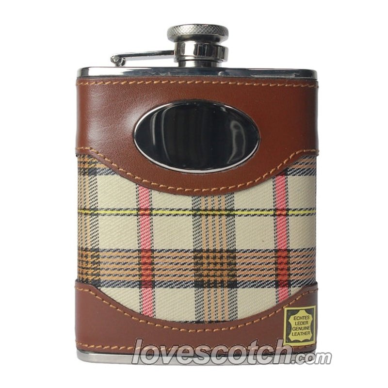 Brown Leather and Beige Plaid Stainless Steel Flask - LoveScotch.com