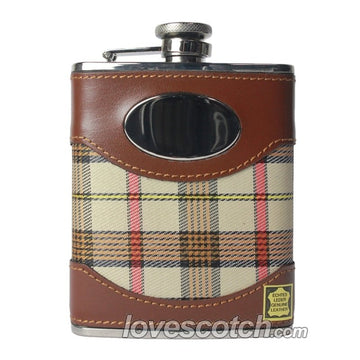 Brown Leather and Beige Plaid Stainless Steel Flask - LoveScotch.com